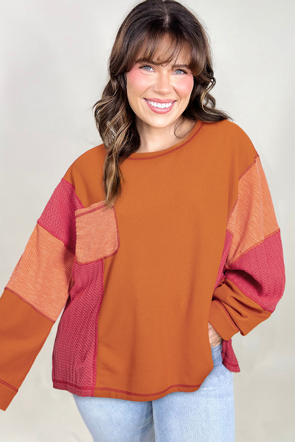 Orange Waffle Patchwork Chest Pocket Plus Size Top