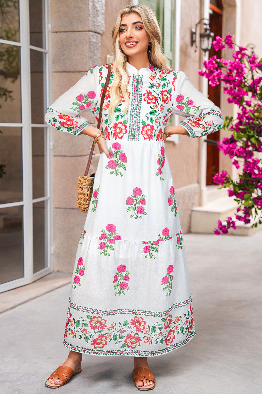 White Floral Print Loose Tiered Maxi Dress