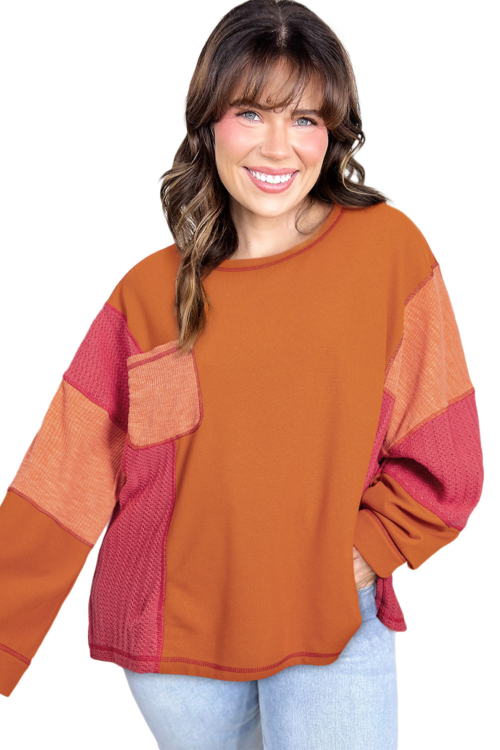 Orange Waffle Patchwork Chest Pocket Plus Size Top