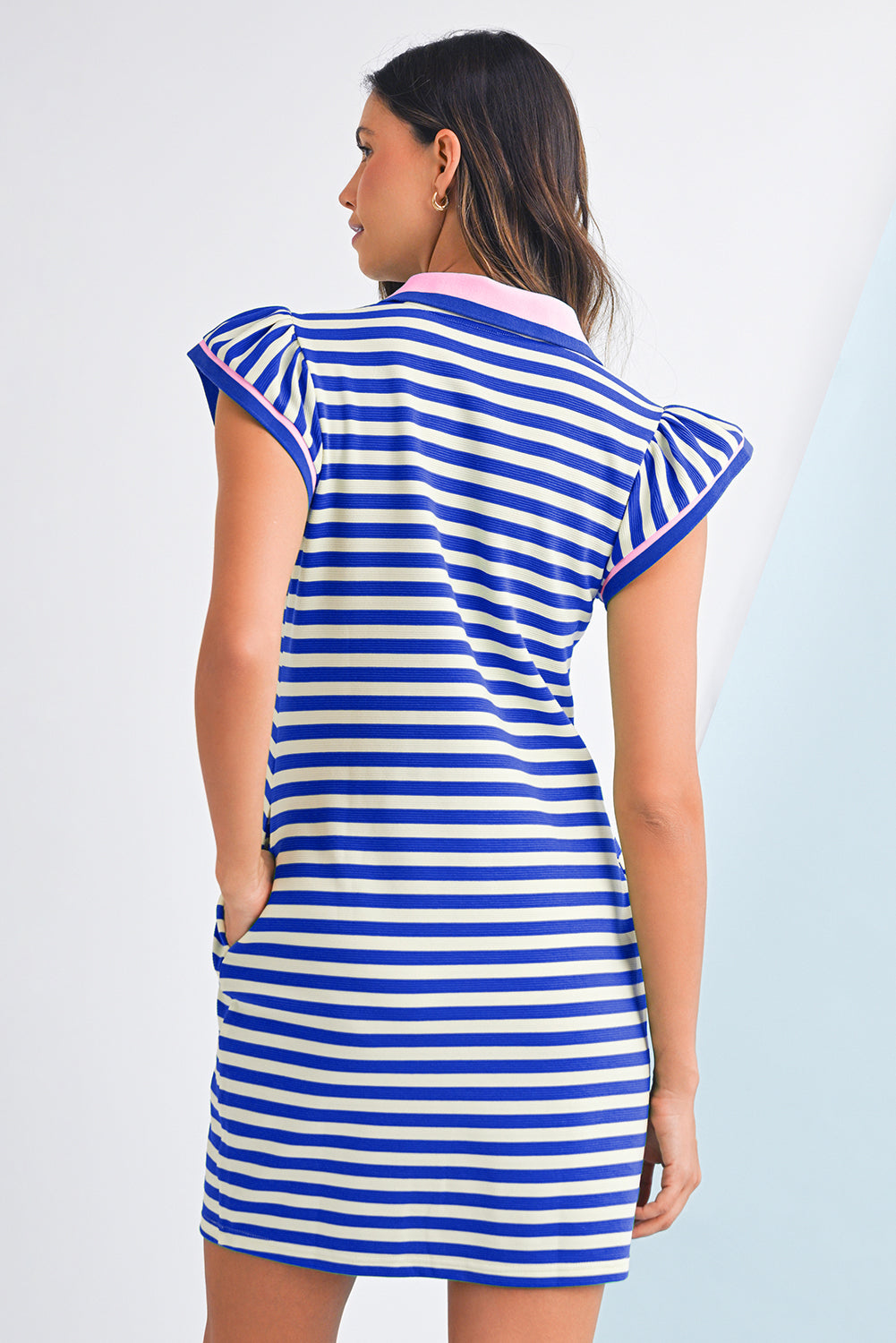 Sachet Pink Striped Ruffle Short Sleeve Pop of Color Neckline Dress
