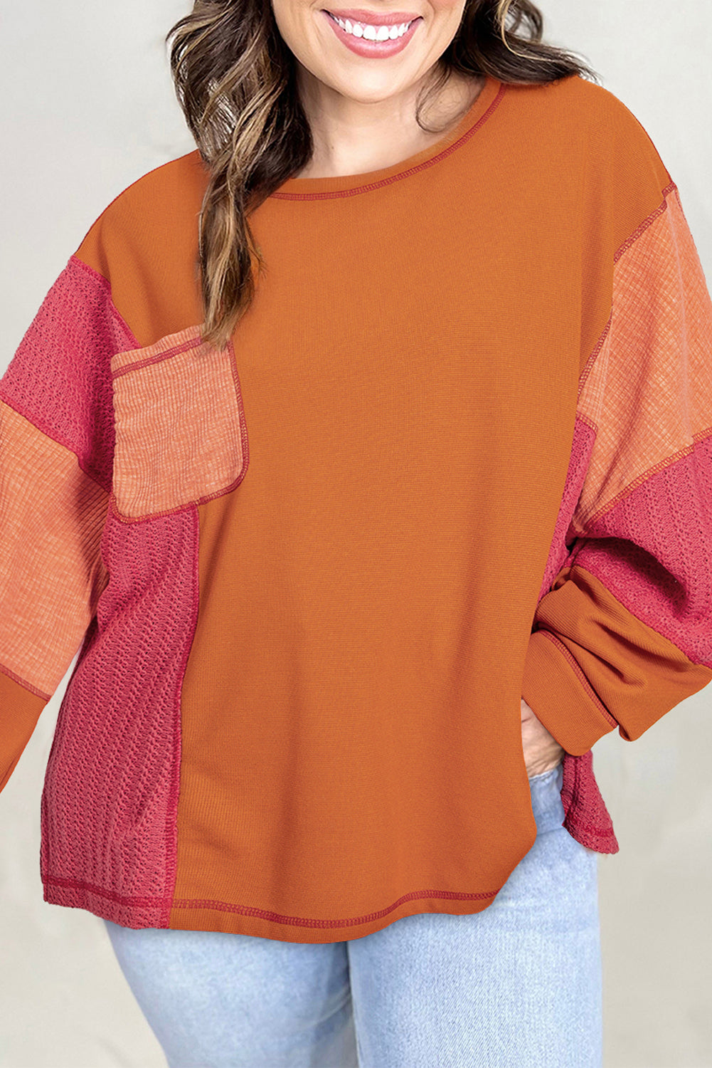 Orange Waffle Patchwork Chest Pocket Plus Size Top