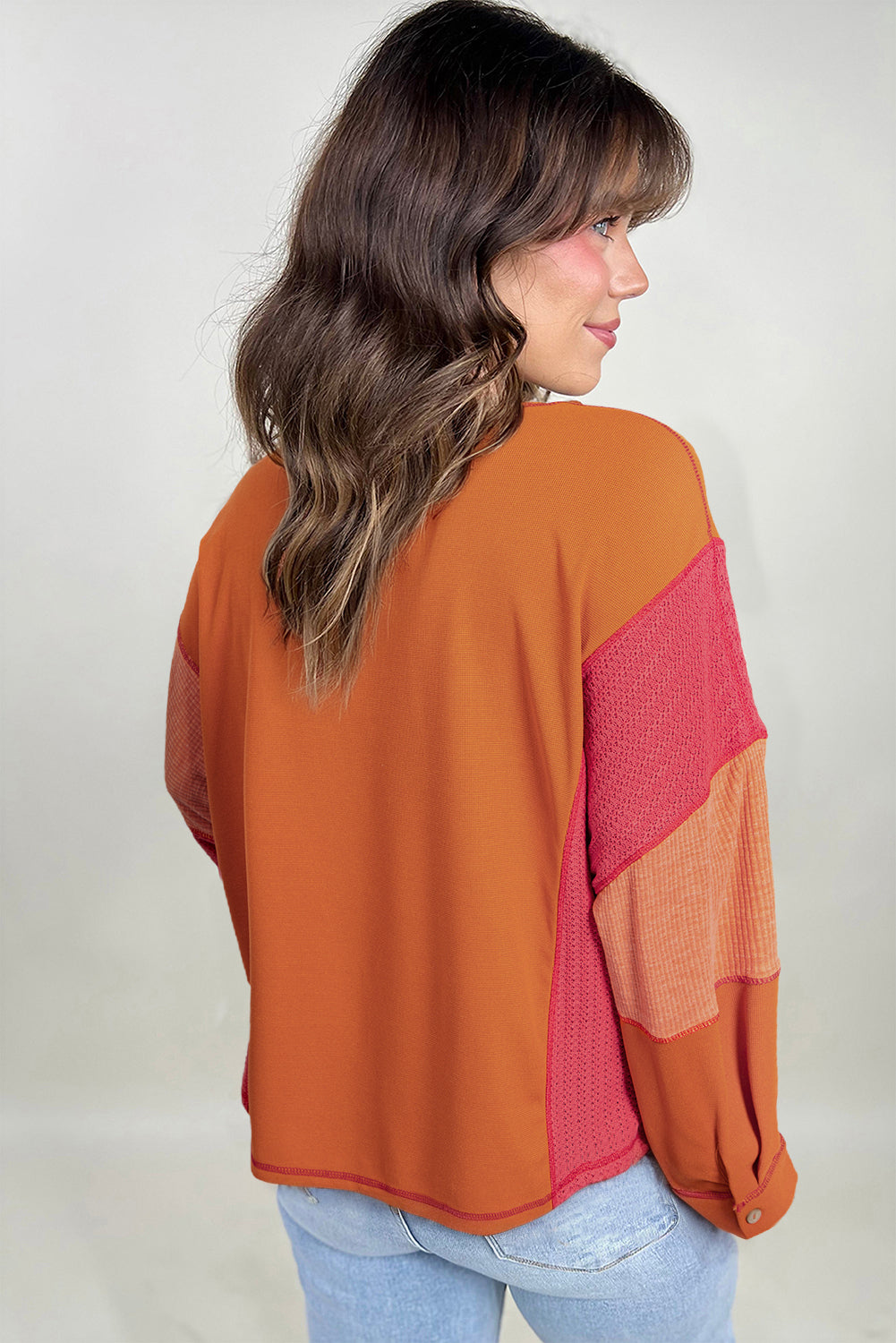 Orange Waffle Patchwork Chest Pocket Plus Size Top