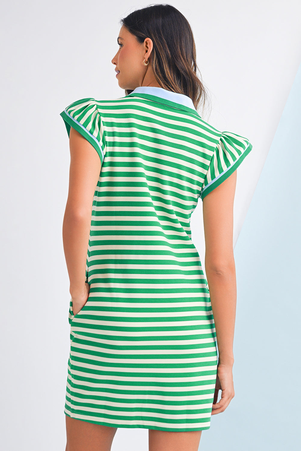 Sachet Pink Striped Ruffle Short Sleeve Pop of Color Neckline Dress