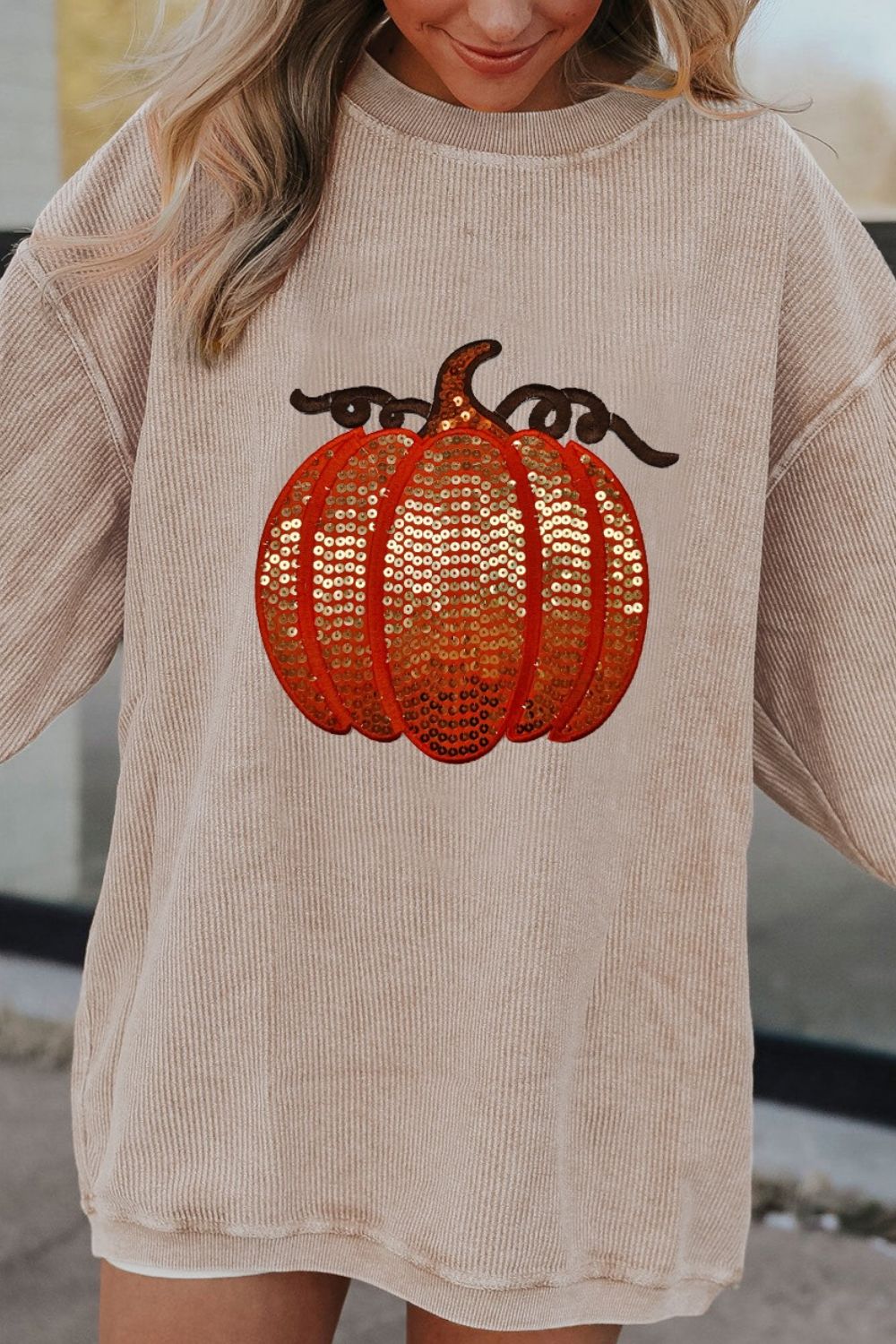 Sequin Pumpkin Round Neck Long Sleeve Sweatshirt -2 colors- Trendsi