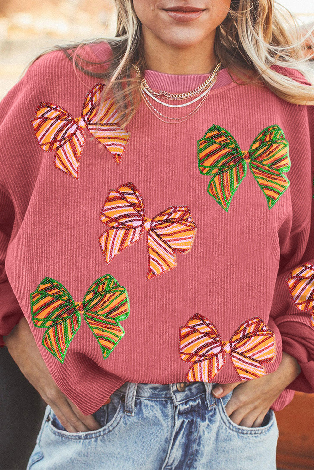 Strawberry Pink Sequins Bow Graphic Sweatshirt