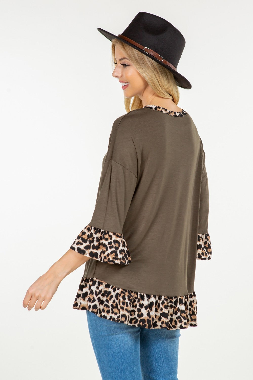 Celeste Full Size Flounce Sleeve Leopard Trim Top Trendsi