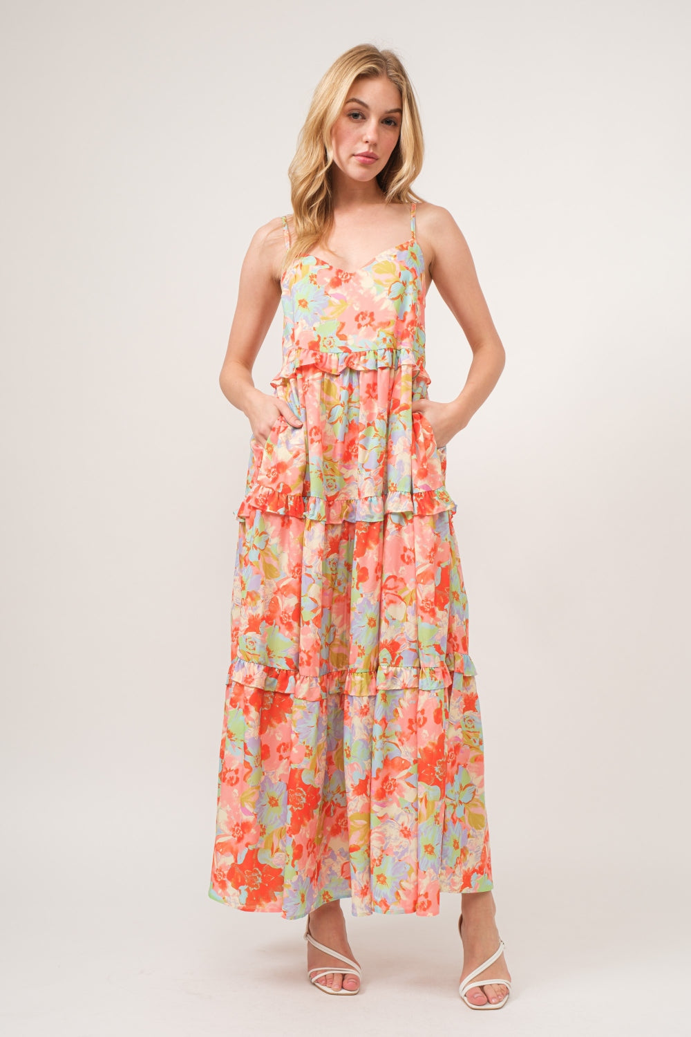 And The Why Floral Ruffled Tiered Maxi Adjustable Strap Cami Dress Trendsi