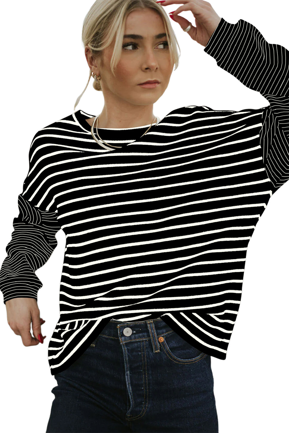 Black Stripe Patchwork Loose Long Sleeve Tee -2 colors-