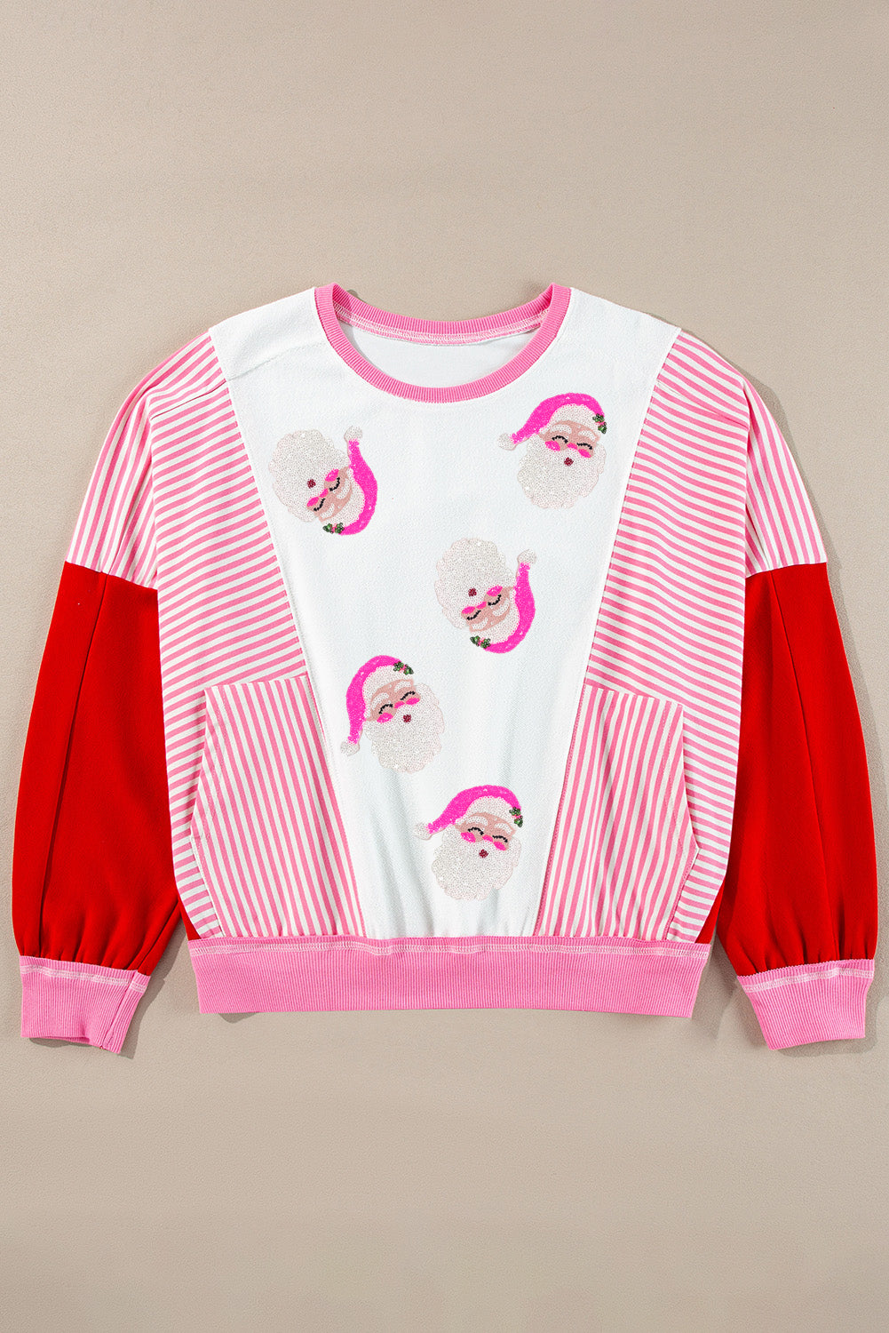 Rose Red Santa Claus Striped Block Patchwork Graphic Sweatshirt