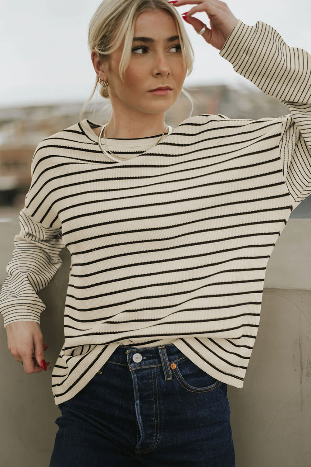 Black Stripe Patchwork Loose Long Sleeve Tee -2 colors-