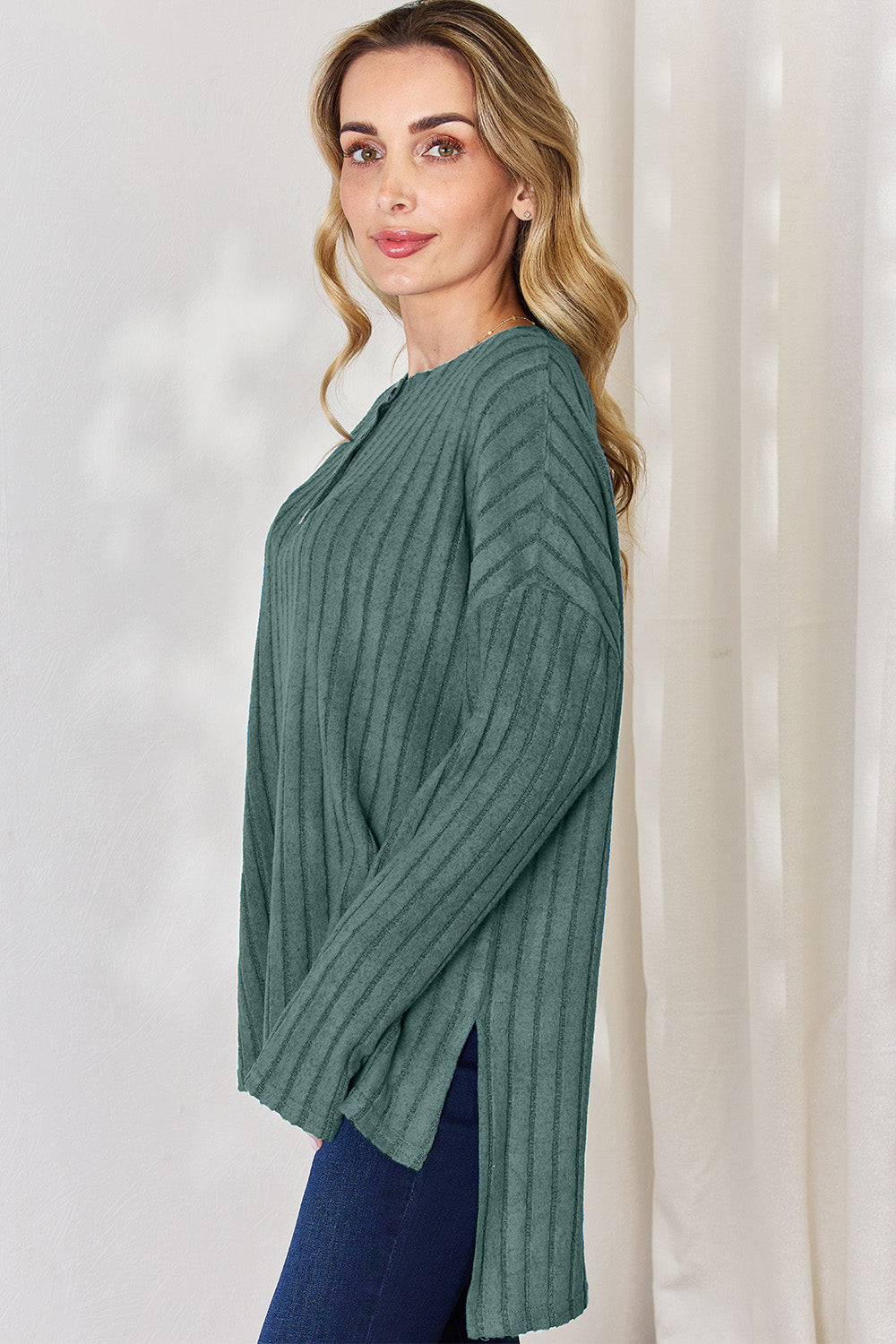 Basic Bae Full Size Ribbed Half Button Long Sleeve High-Low T-Shirt -5 colors- Trendsi