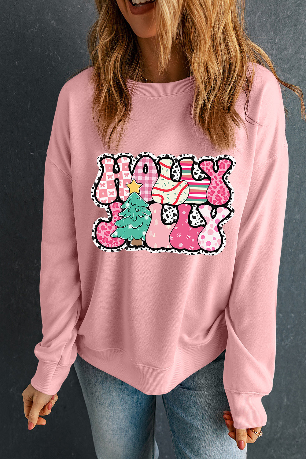 Pink Letter Print Christmas Graphic Crew Neck Sweatshirt