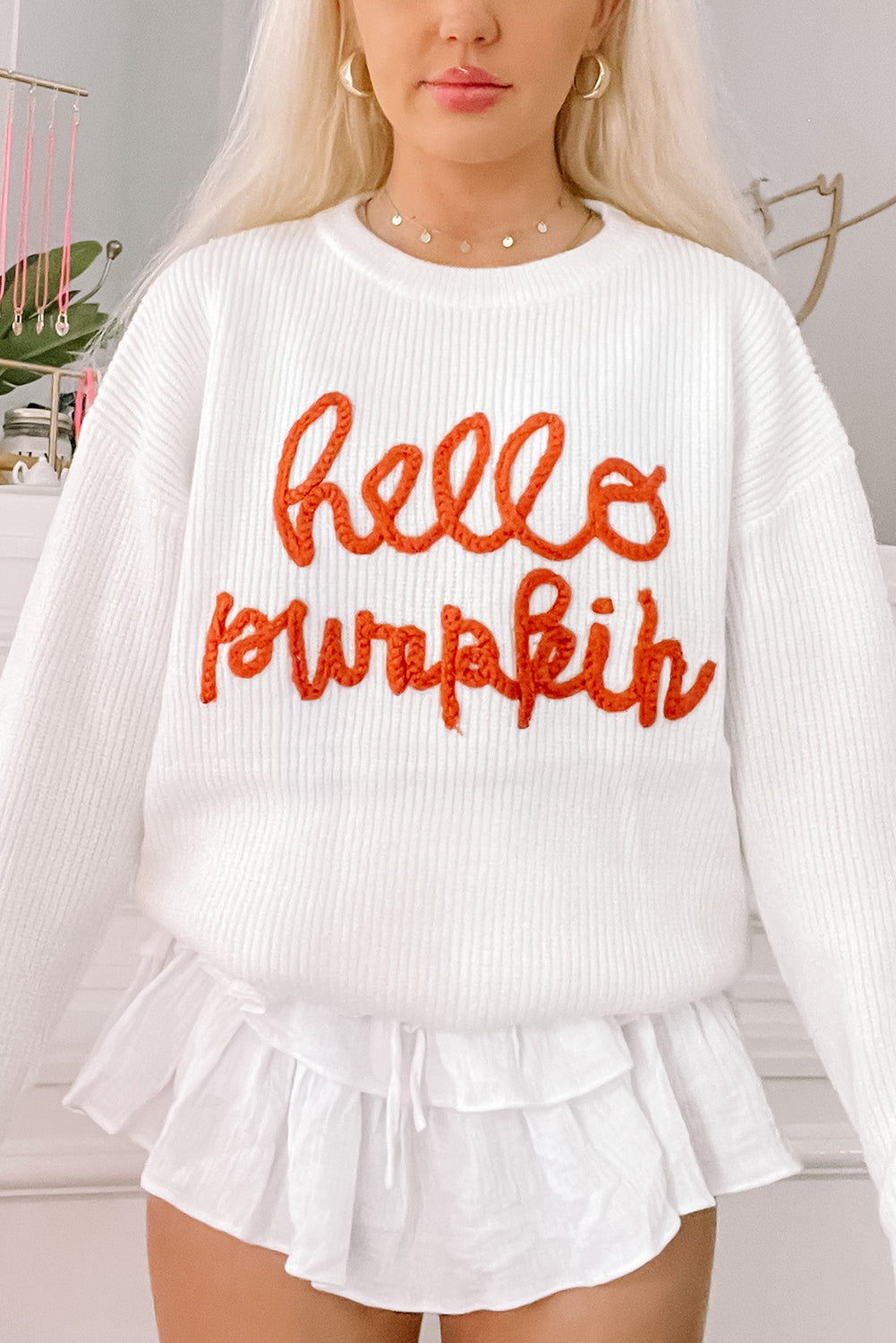 White Hello Pumpkin Graphic Sweater -3 colors-