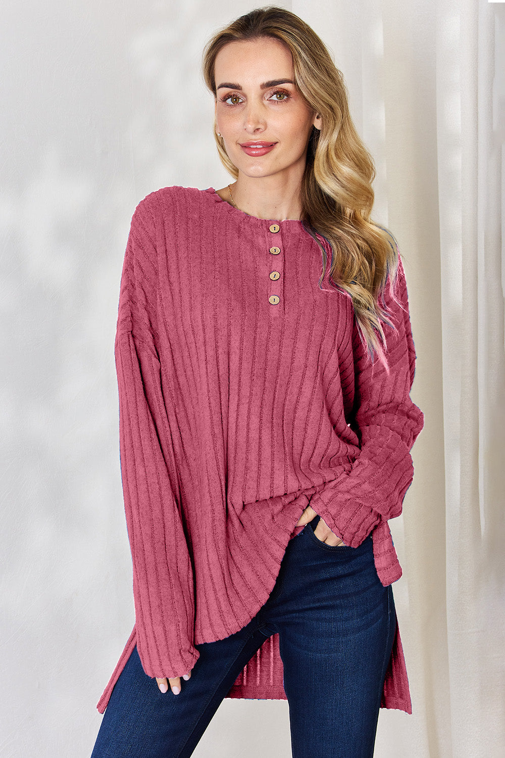 Basic Bae Full Size Ribbed Half Button Long Sleeve High-Low T-Shirt -5 colors- Trendsi