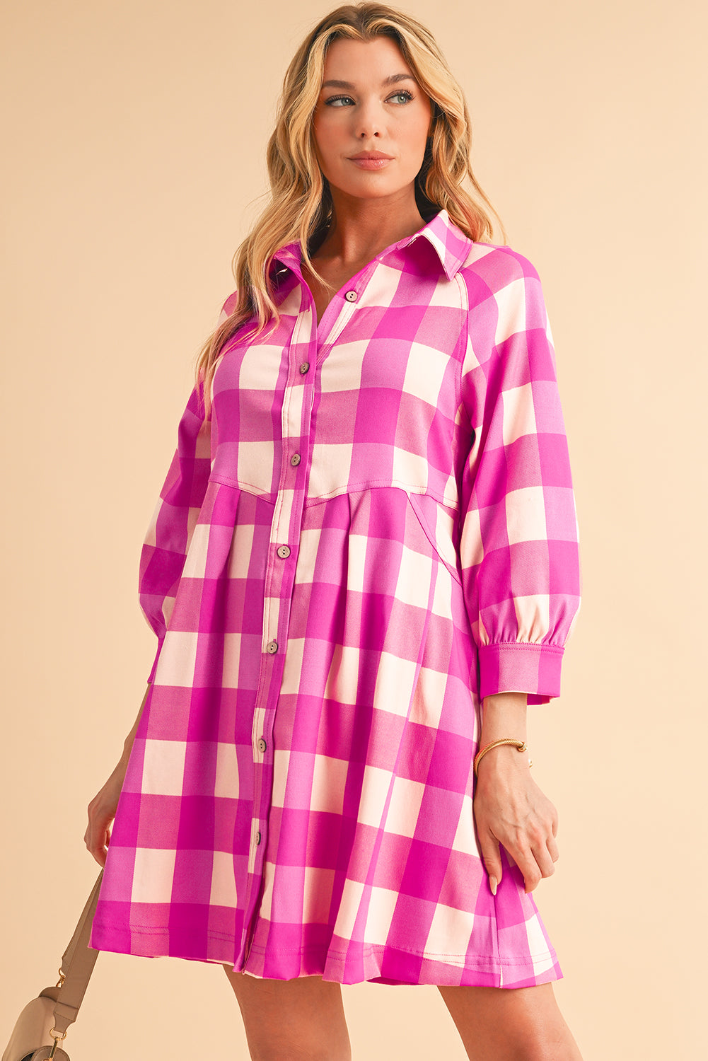 Rose Red Hidden Pocket Plaid Button Down Shirt Dress