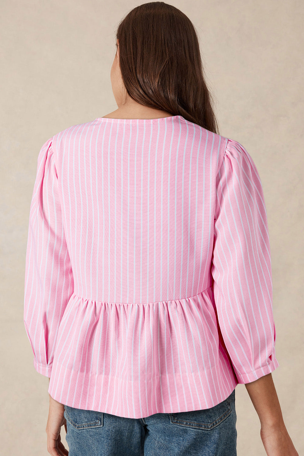 Pink Striped Print Sweet Bow Tie Blouse