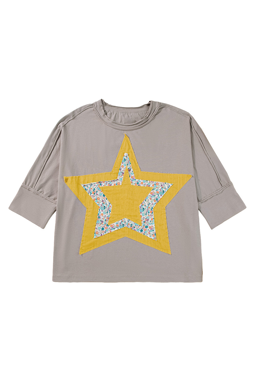 Rose Tan Floral Star Patched Exposed Seam Mineral Wash Top -2 colors-