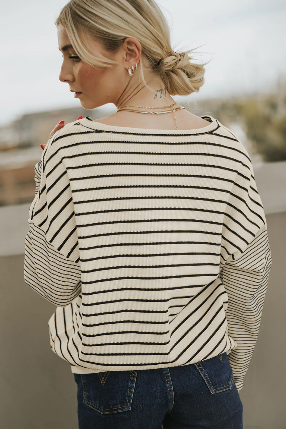 Black Stripe Patchwork Loose Long Sleeve Tee -2 colors-