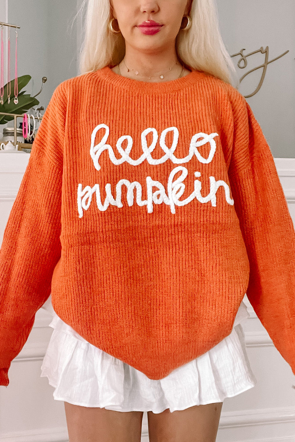 White Hello Pumpkin Graphic Sweater -3 colors-