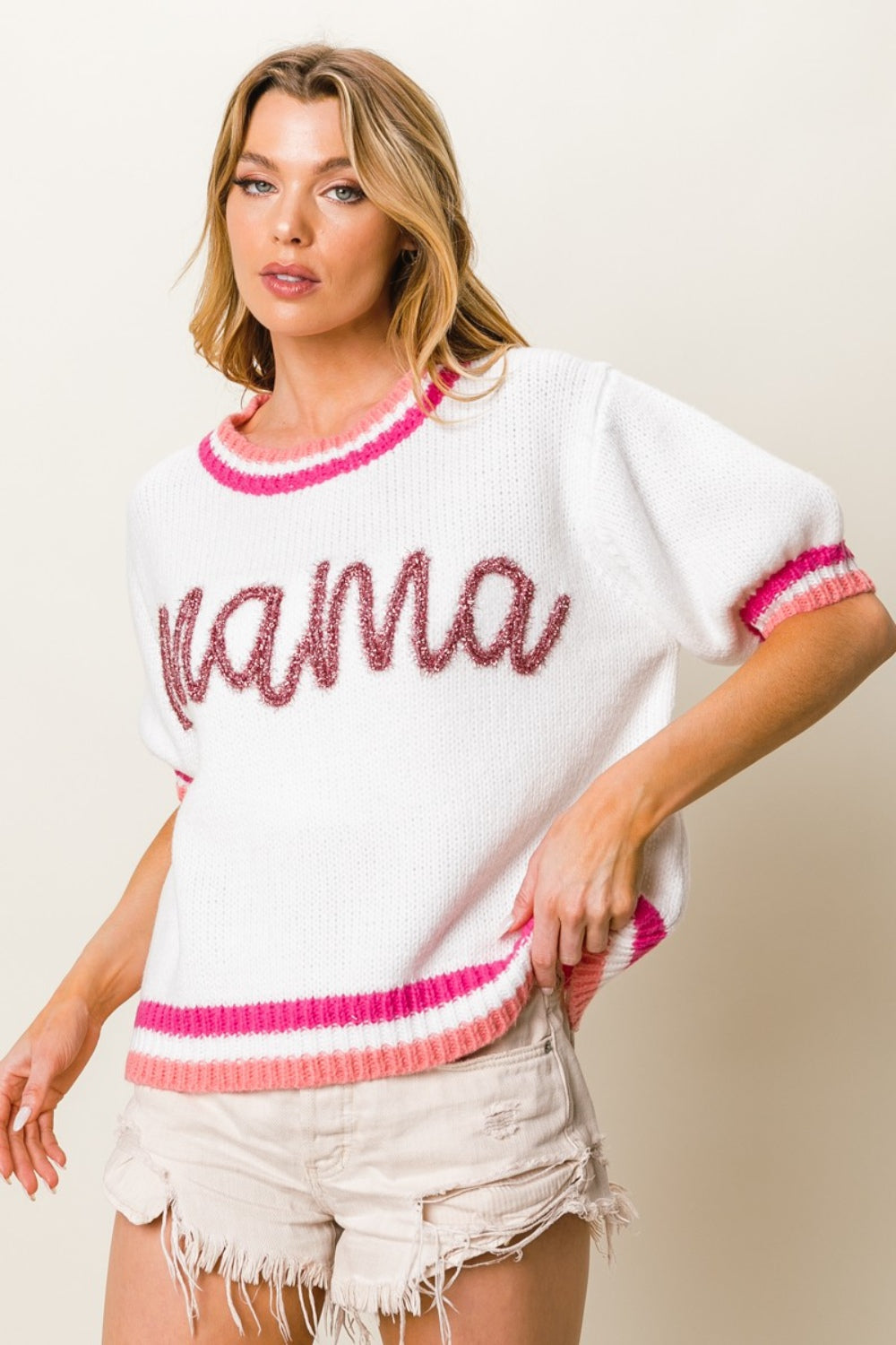 BiBi MAMA Contrast Trim Short Sleeve Sweater Trendsi