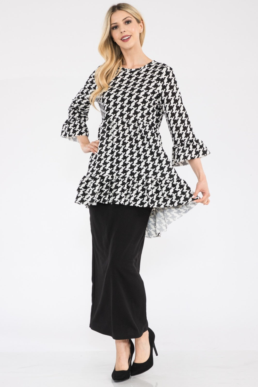 Celeste Full Size Houndstooth Flounce Sleeve High-Low Top -4 colors- Trendsi