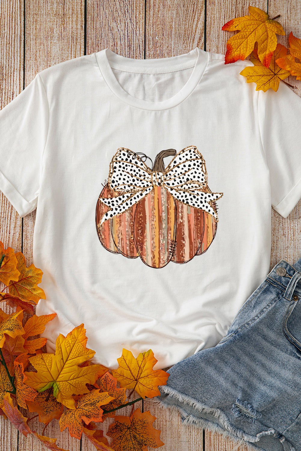 White Thanksgiving Bowknot Pumpkin Print Graphic T Shirt