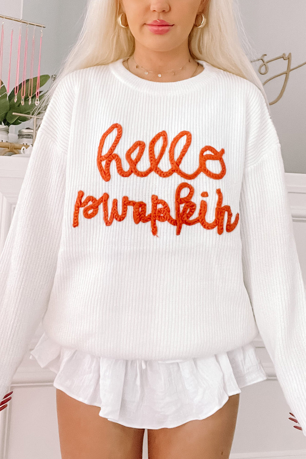 White Hello Pumpkin Graphic Sweater -3 colors-