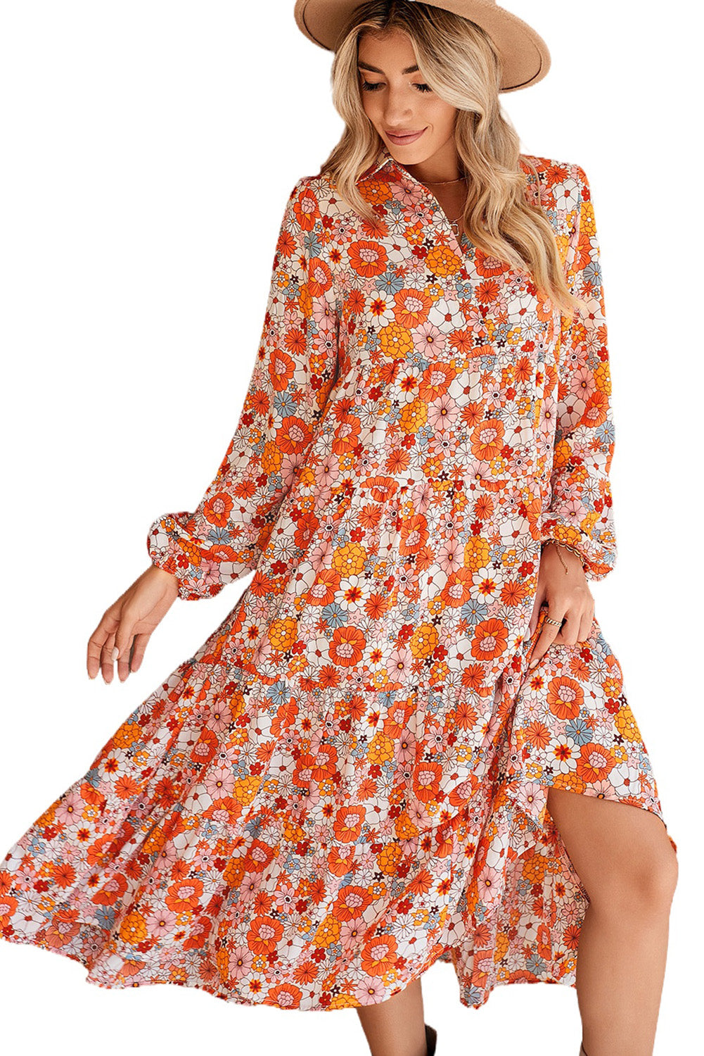 Multicolor Boho Floral Collared Long Sleeve Dress -2 colors-