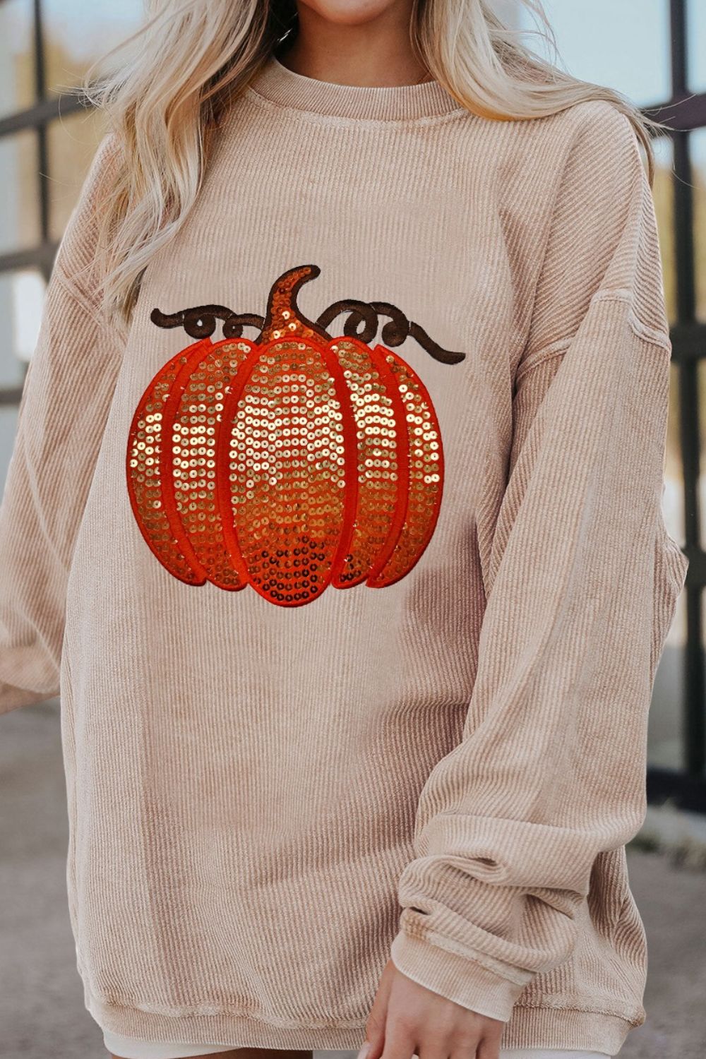 Sequin Pumpkin Round Neck Long Sleeve Sweatshirt -2 colors- Trendsi