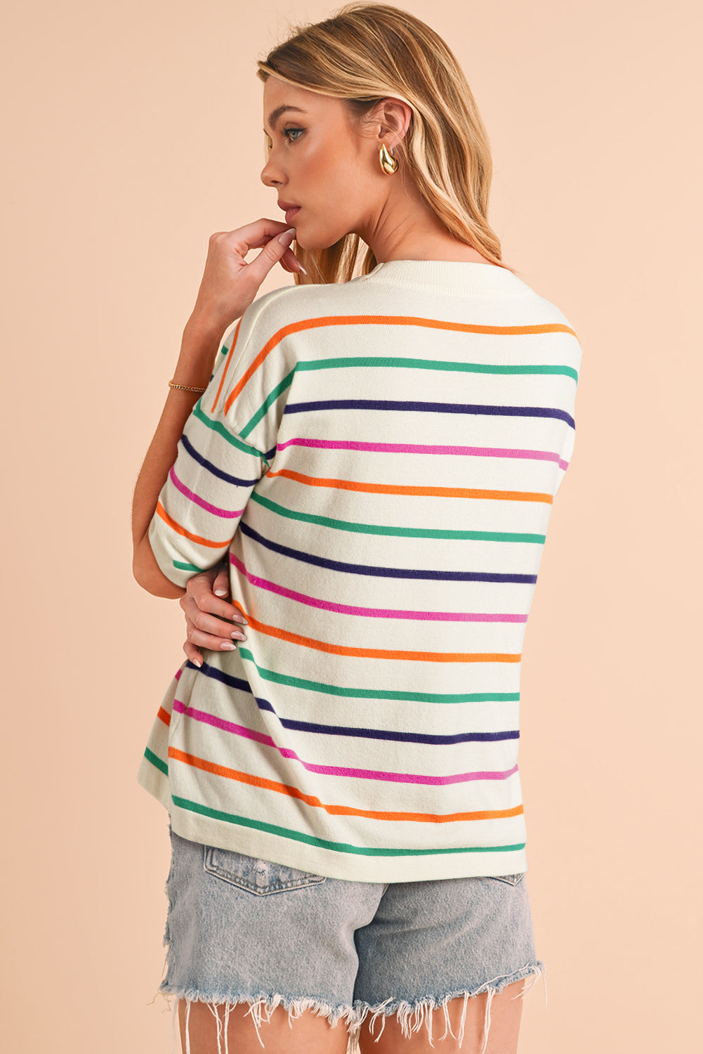 Beige Stripe Dropped Short Sleeve Loose Fit Knitted Top