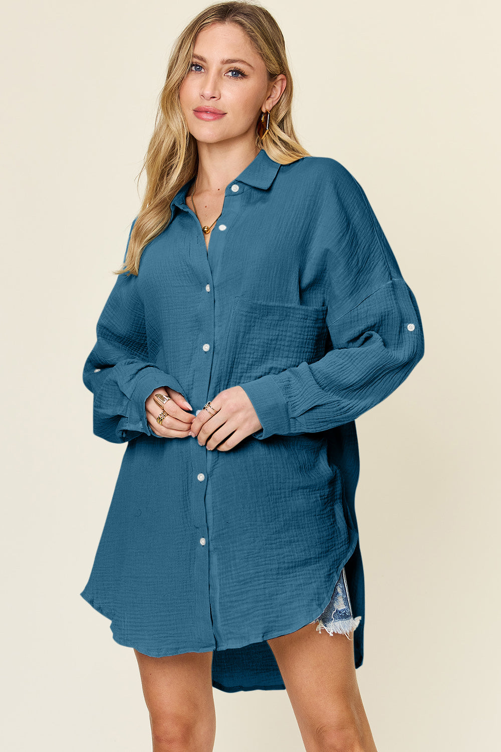 Double Take Full Size Pocketed Texture Button Up Shirt Trendsi