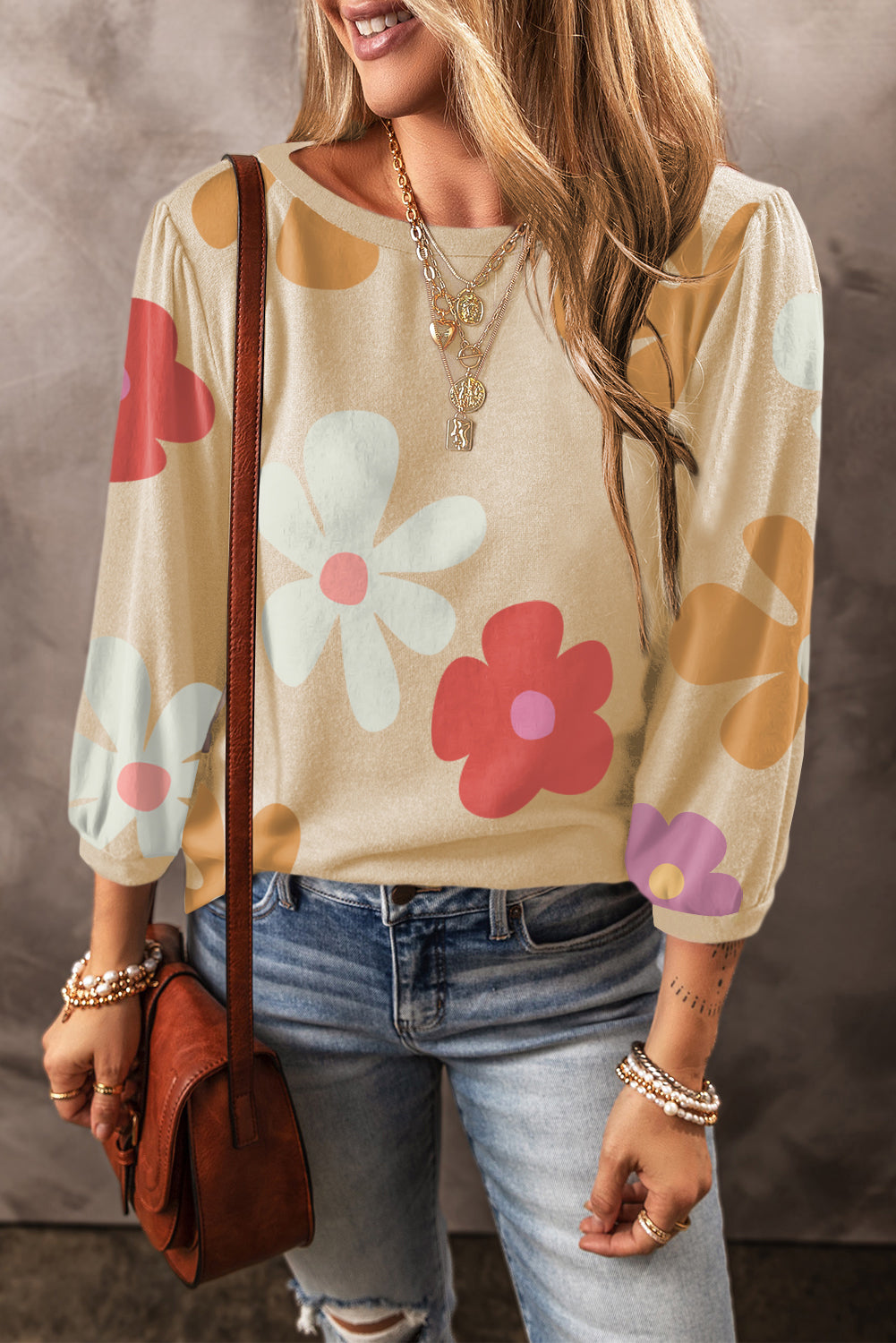 Apricot Flower Print Ruched Bracelet Sleeve Top -2 colors-