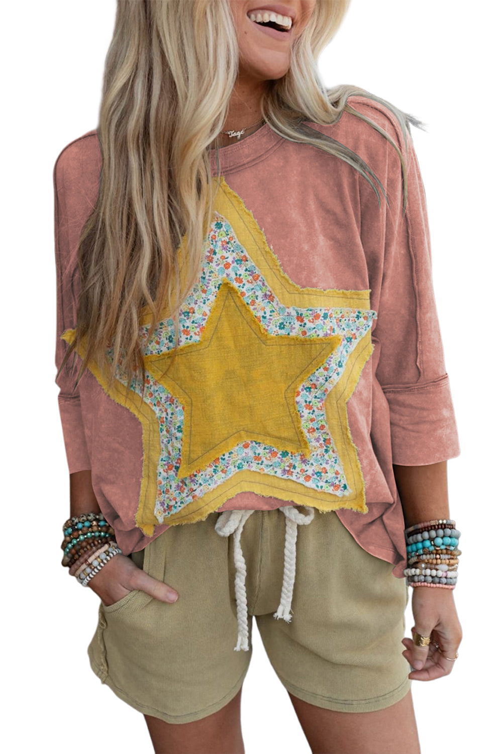 Rose Tan Floral Star Patched Exposed Seam Mineral Wash Top -2 colors-