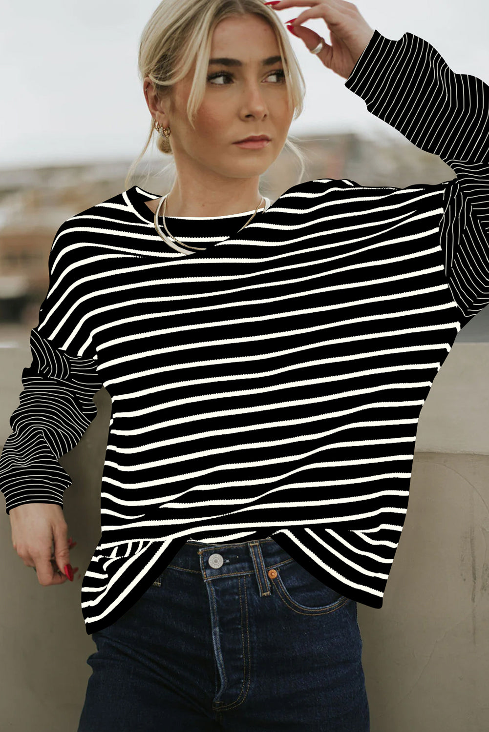 Black Stripe Patchwork Loose Long Sleeve Tee -2 colors-