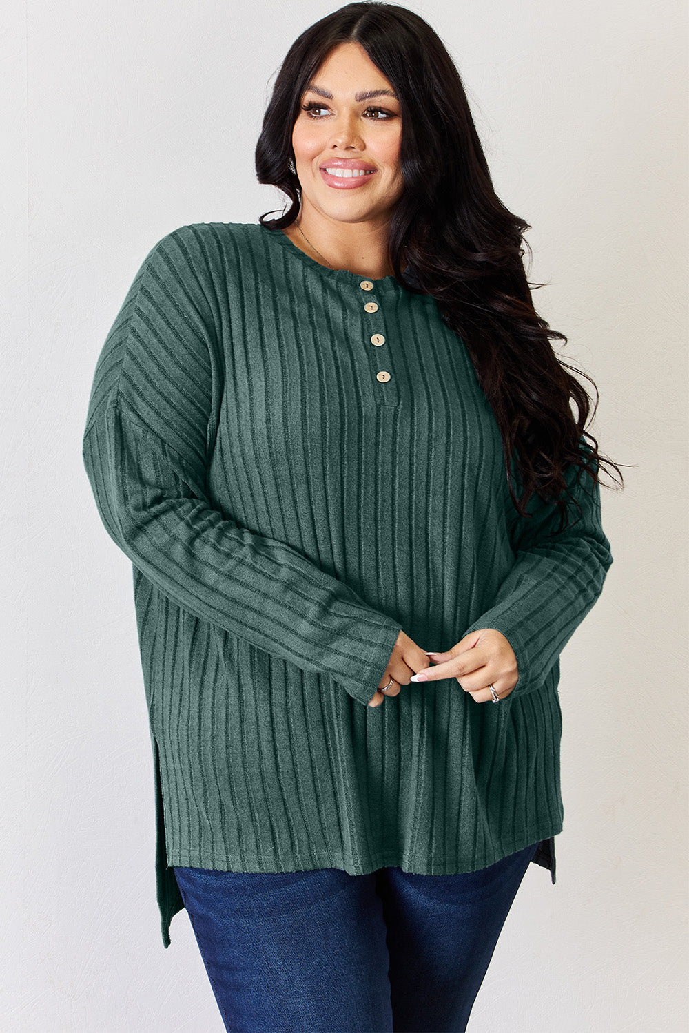 Basic Bae Full Size Ribbed Half Button Long Sleeve High-Low T-Shirt -5 colors- Trendsi