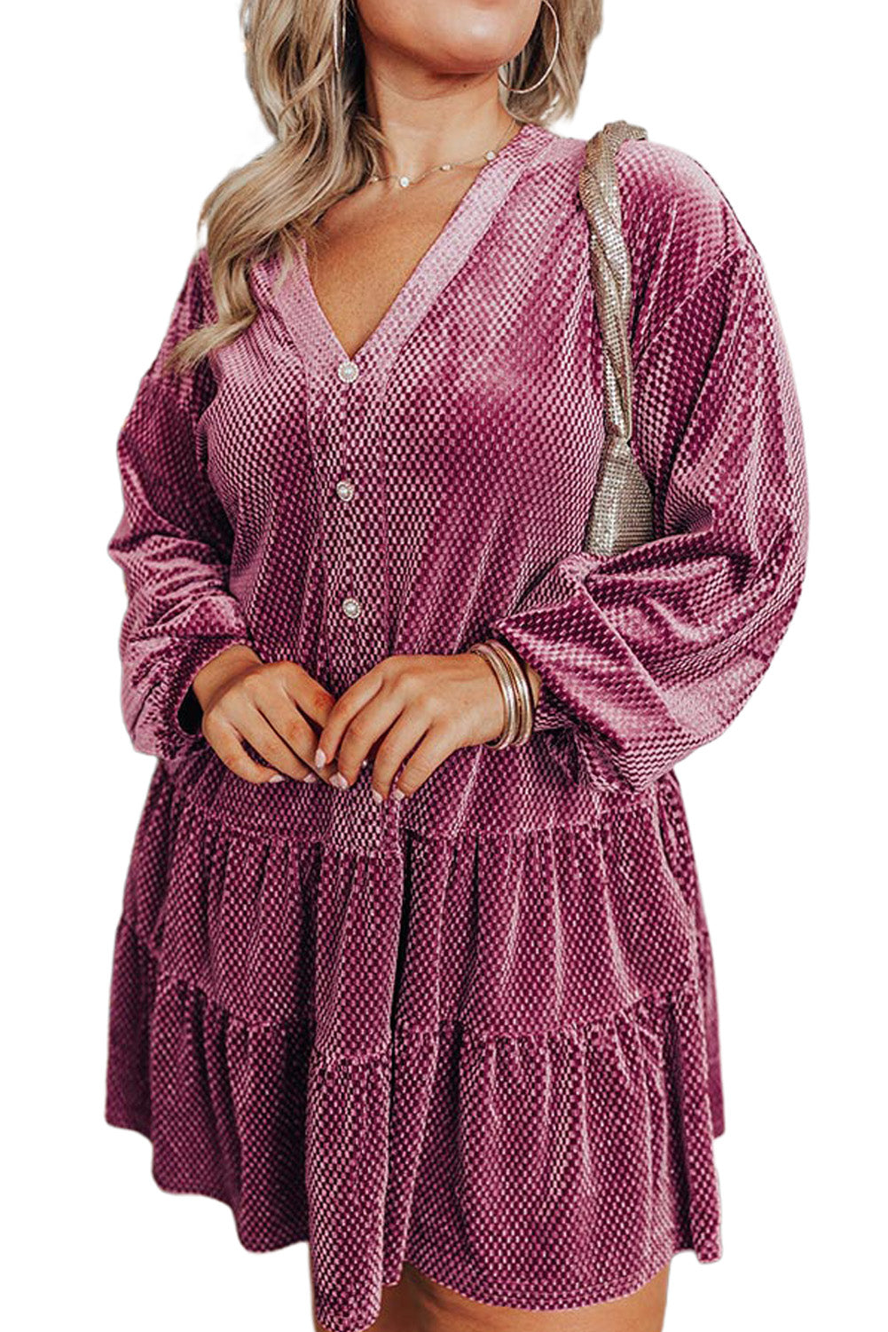 Meadow Mauve Textured Velvet Buttons Tiered Plus Size Dress -2 colors-