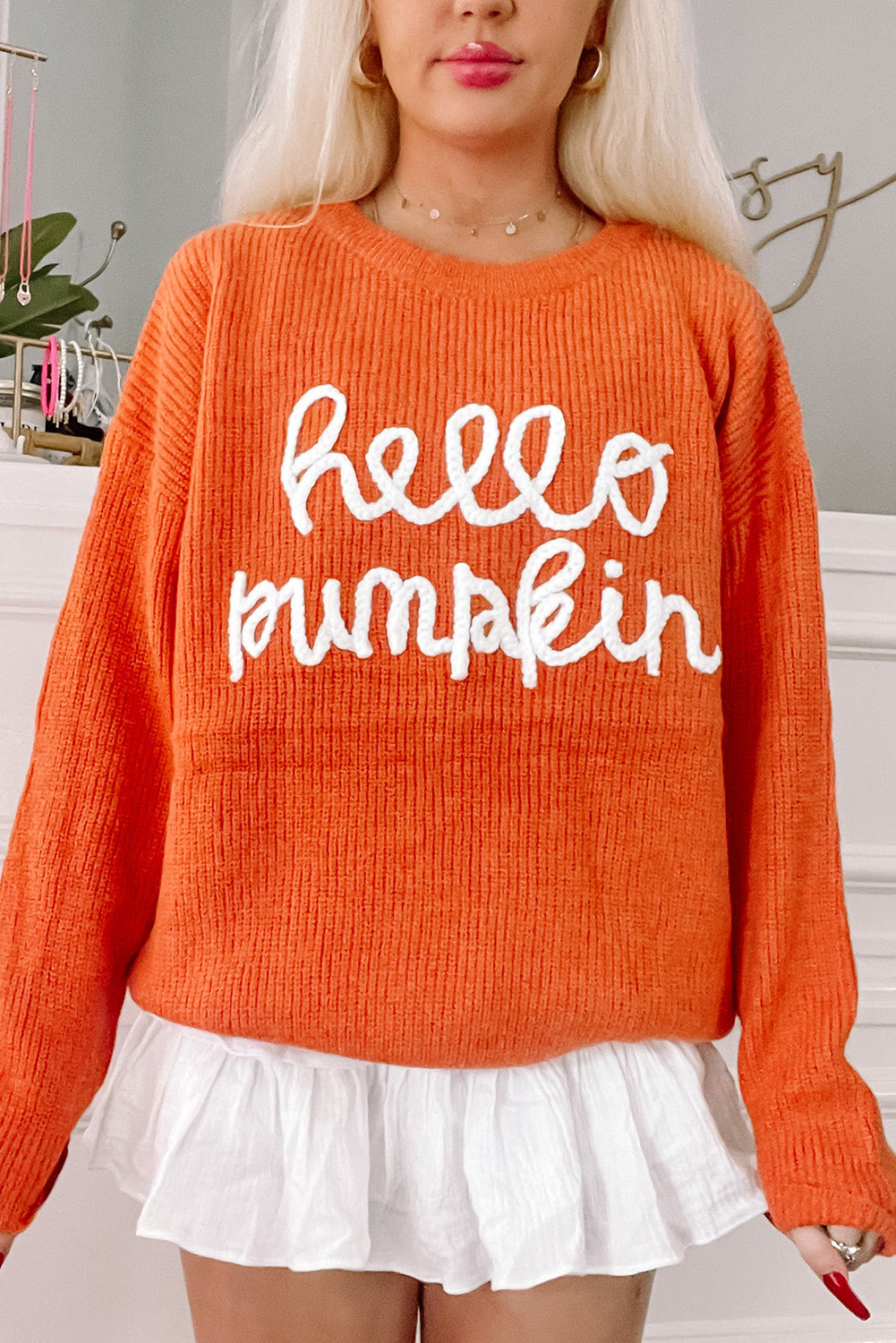 White Hello Pumpkin Graphic Sweater -3 colors-