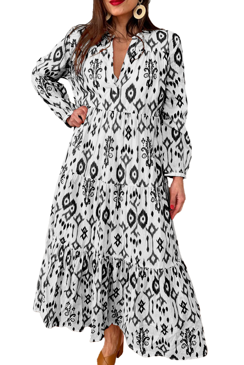 Black Abstract Geometric Printed V Neck Maxi Dress