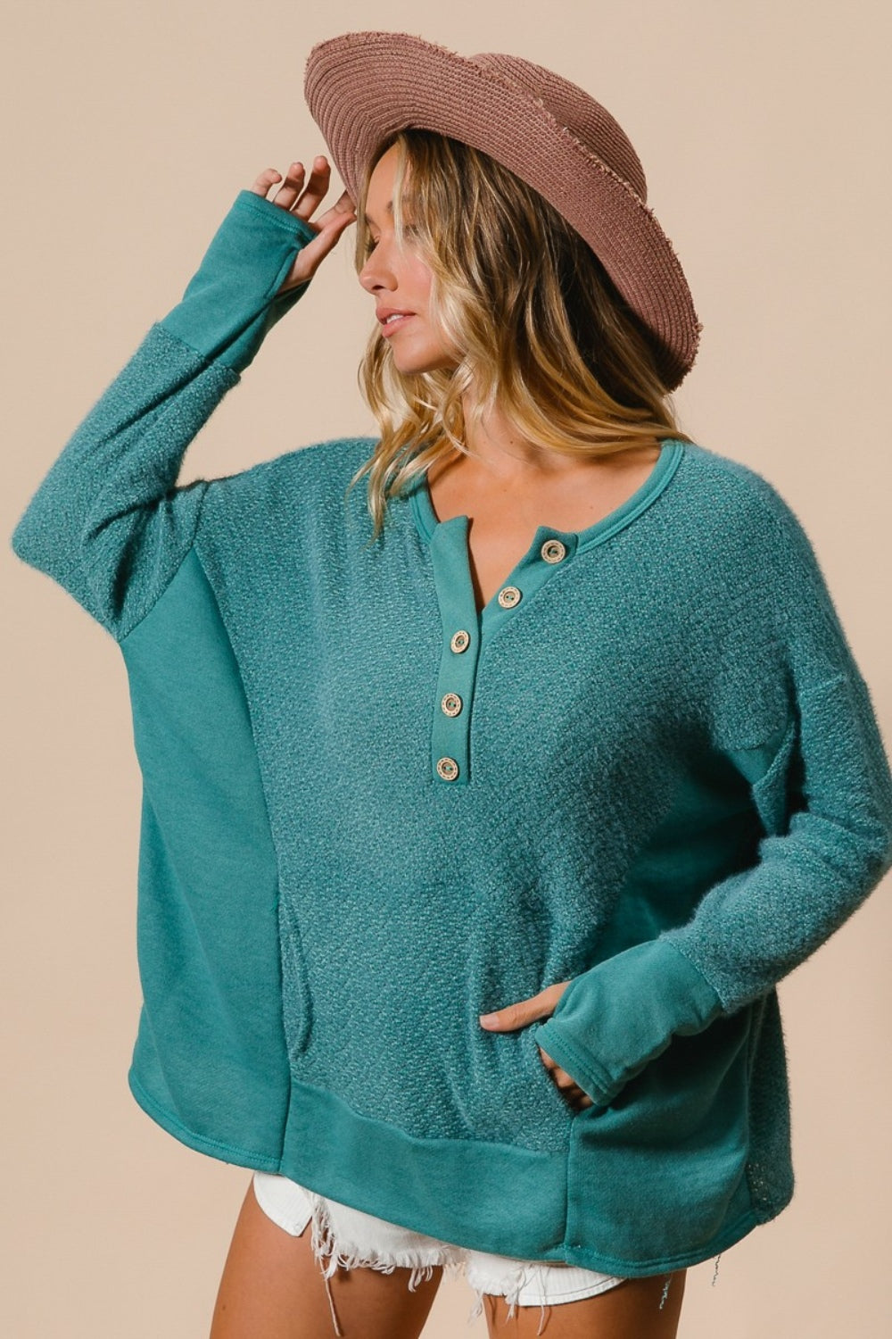 BiBi Thumb Opening Long Sleeve Top with Kangaroo Pocket Trendsi