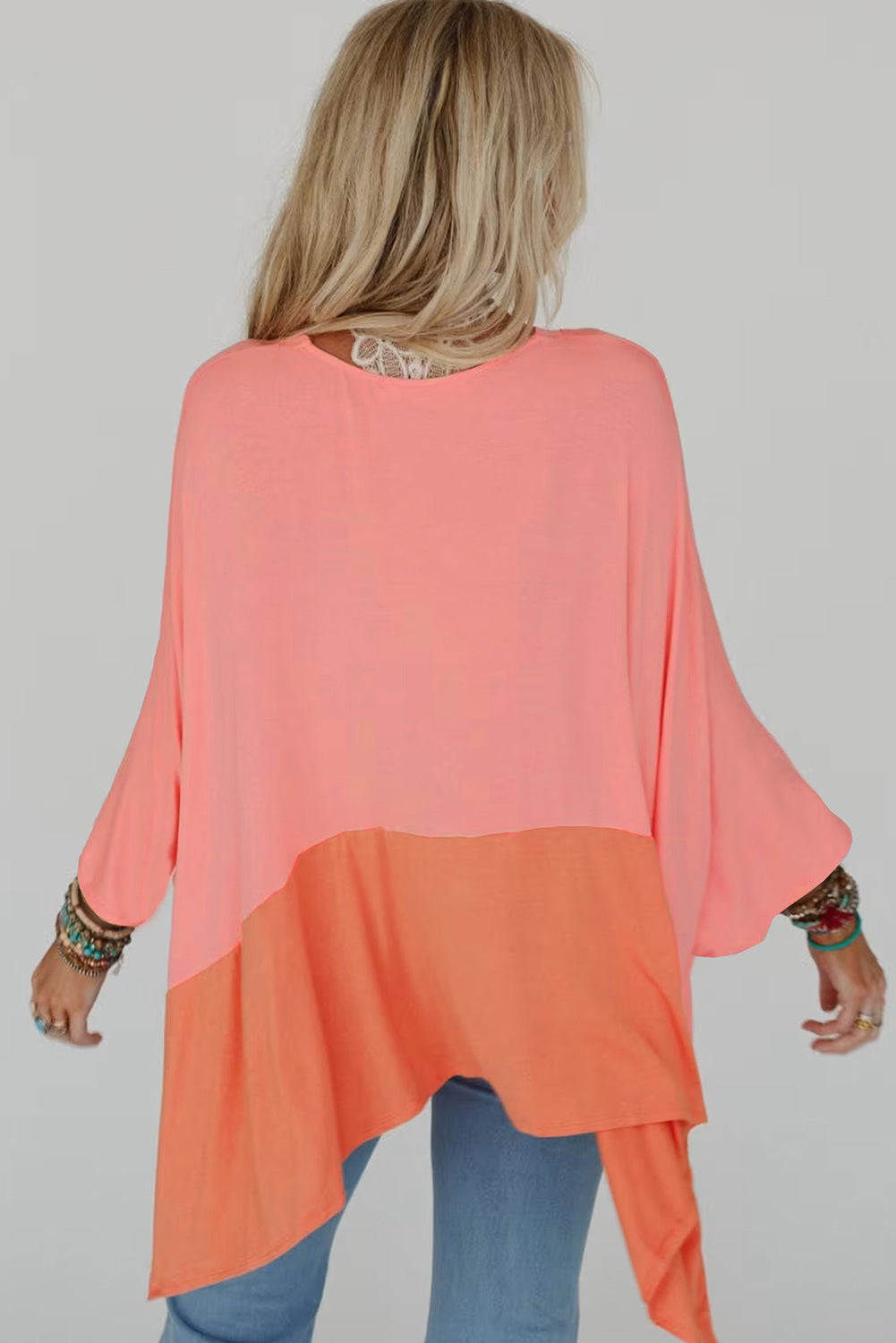 Grapefruit Orange Colorblock V Neck Slits Oversized Top