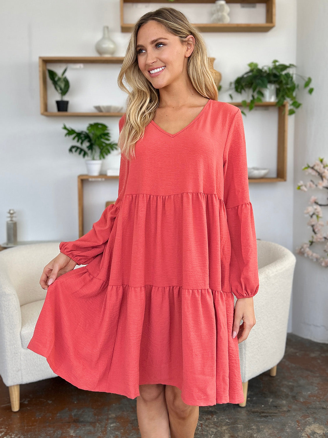 Double Take Full Size V-Neck Balloon Sleeve Tiered Dress with Pockets Trendsi