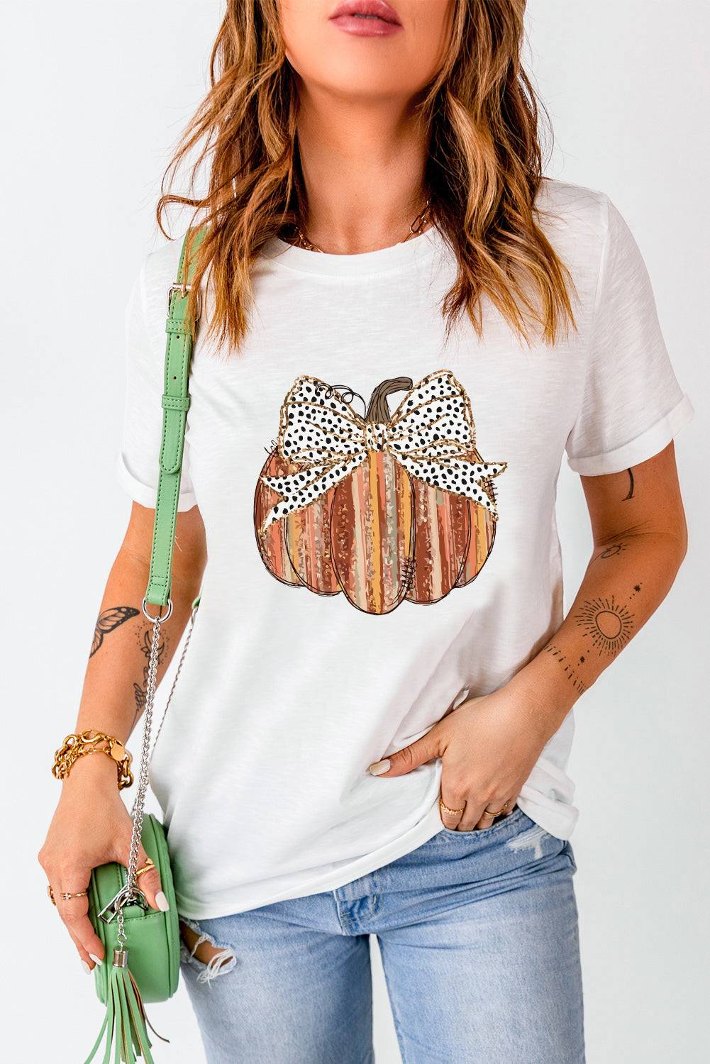 White Thanksgiving Bowknot Pumpkin Print Graphic T Shirt