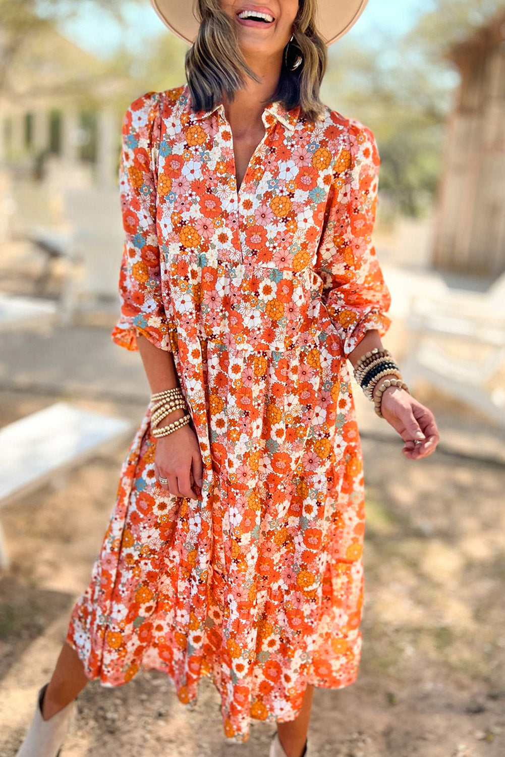 Multicolor Boho Floral Collared Long Sleeve Dress -2 colors-