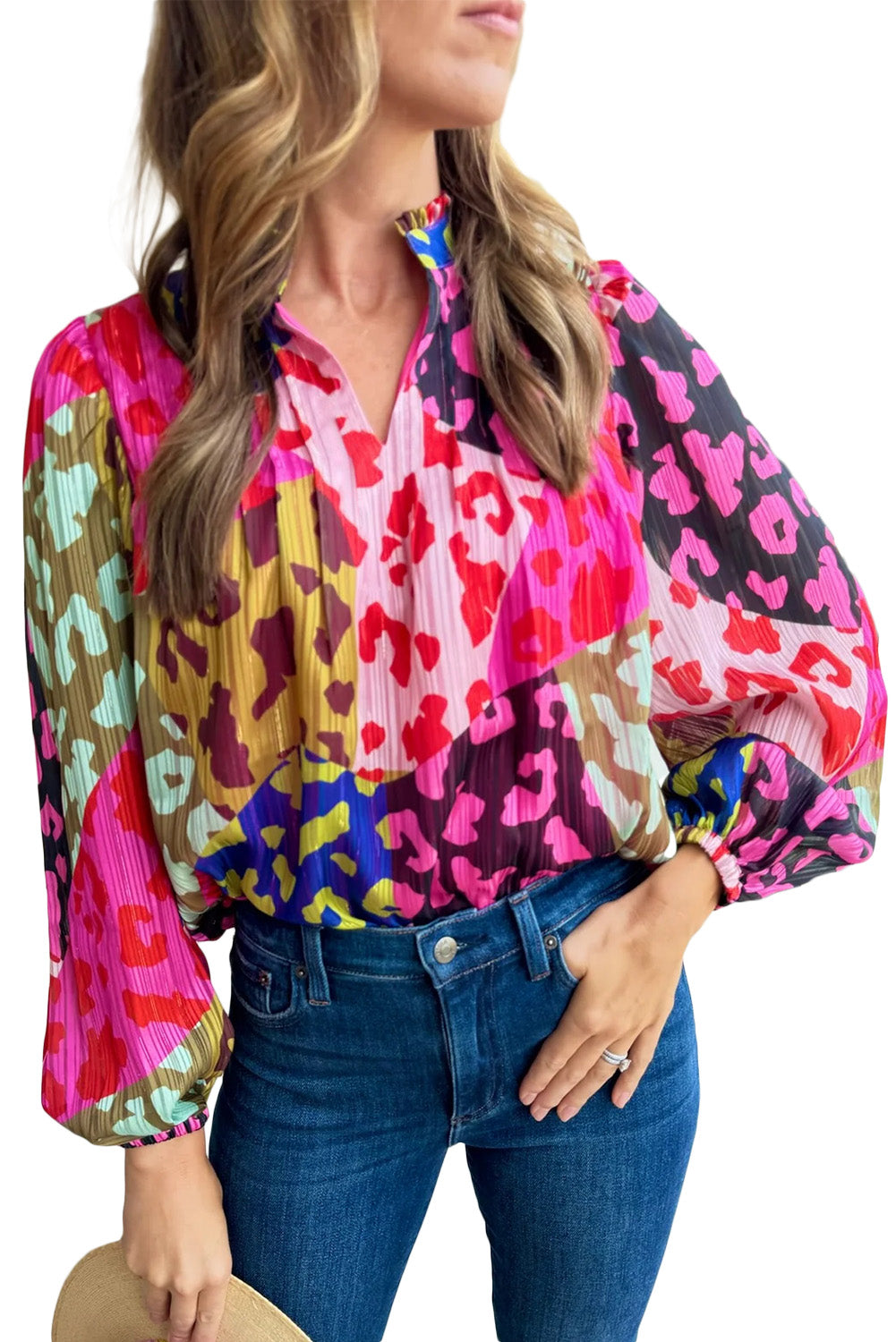 Rose Leopard Color Block Puff Sleeve Crinkle Blouse -3 colors-