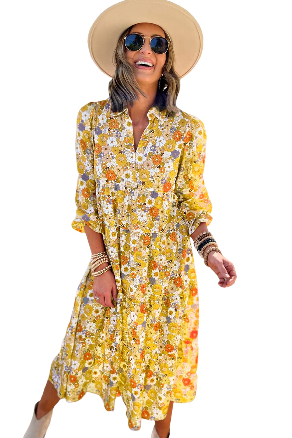 Multicolor Boho Floral Collared Long Sleeve Dress -2 colors-