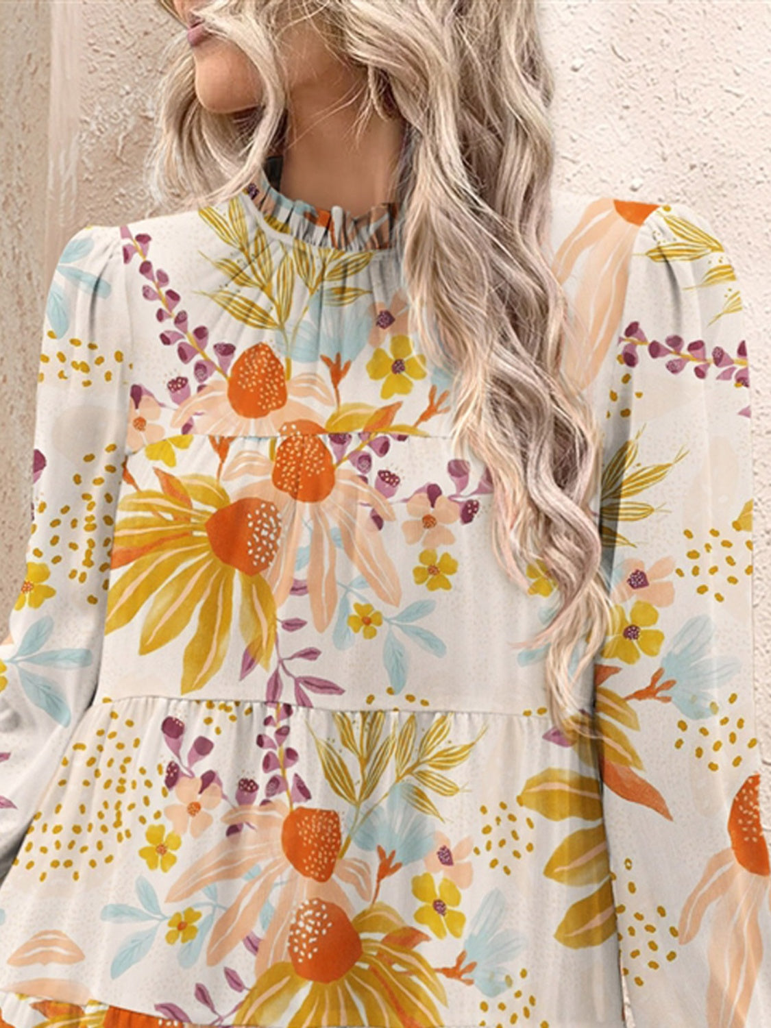 Tiered Printed Long Sleeve Mini Dress Trendsi