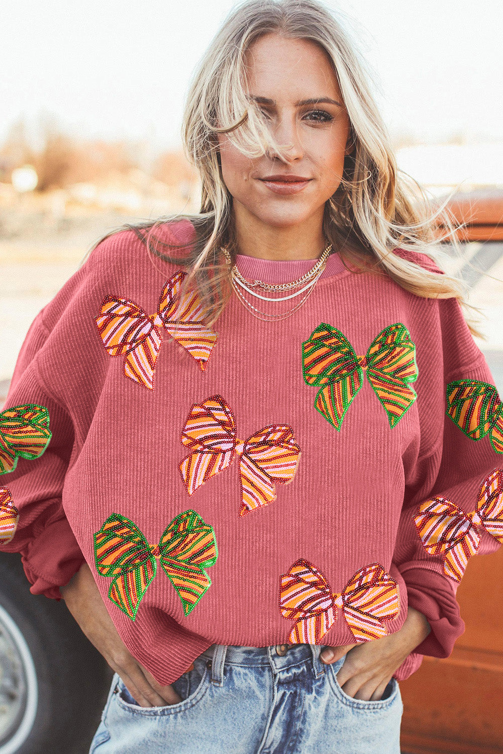 Strawberry Pink Sequins Bow Graphic Sweatshirt