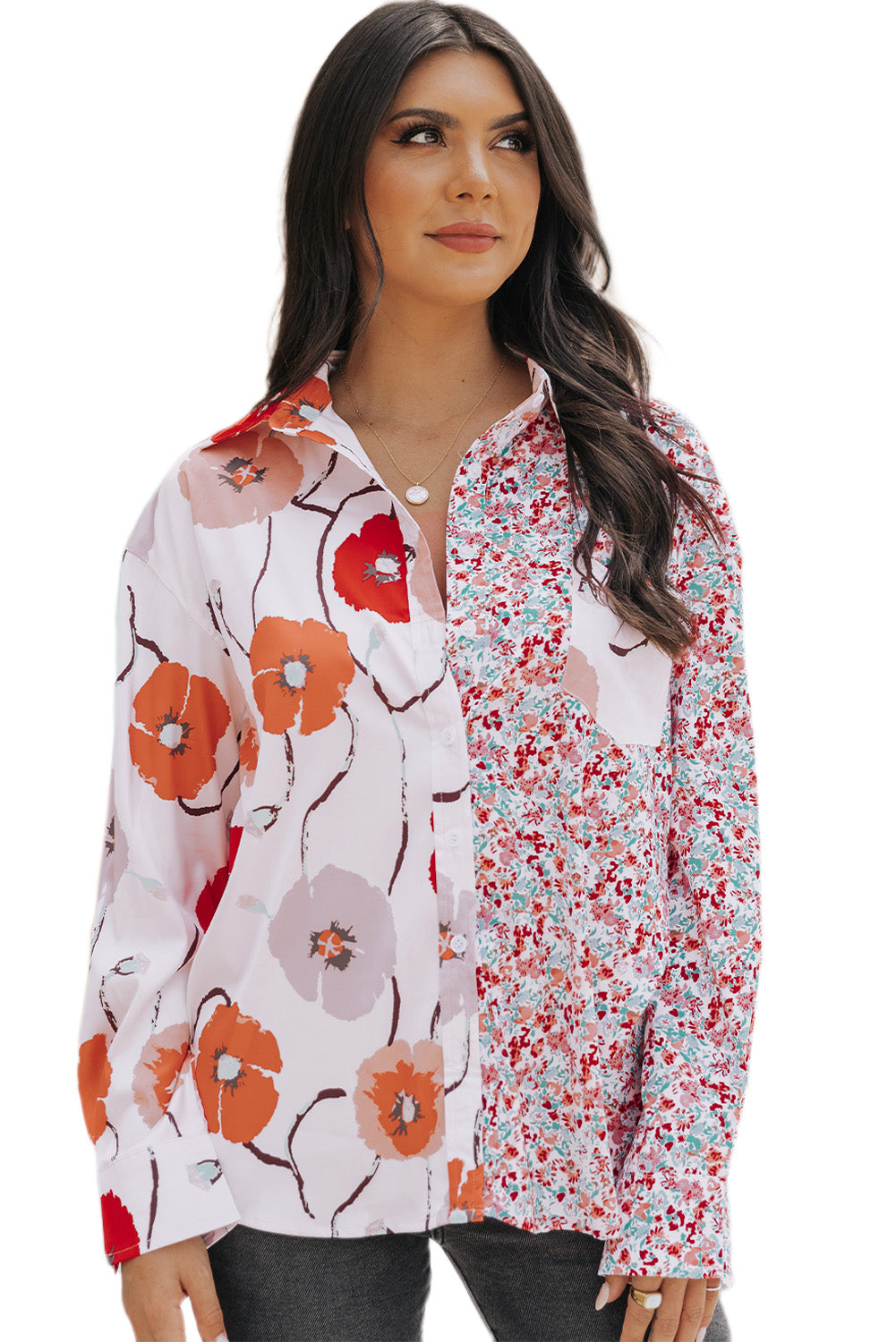 Red Bohemian Floral Pockets Patchwork Button Up Shirt