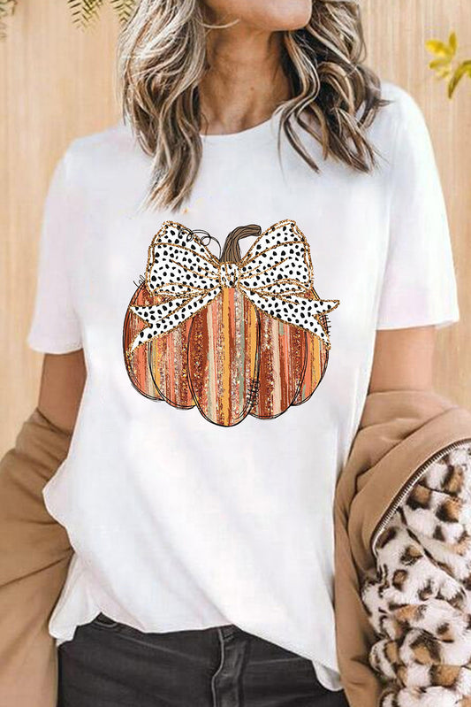 White Thanksgiving Bowknot Pumpkin Print Graphic T Shirt