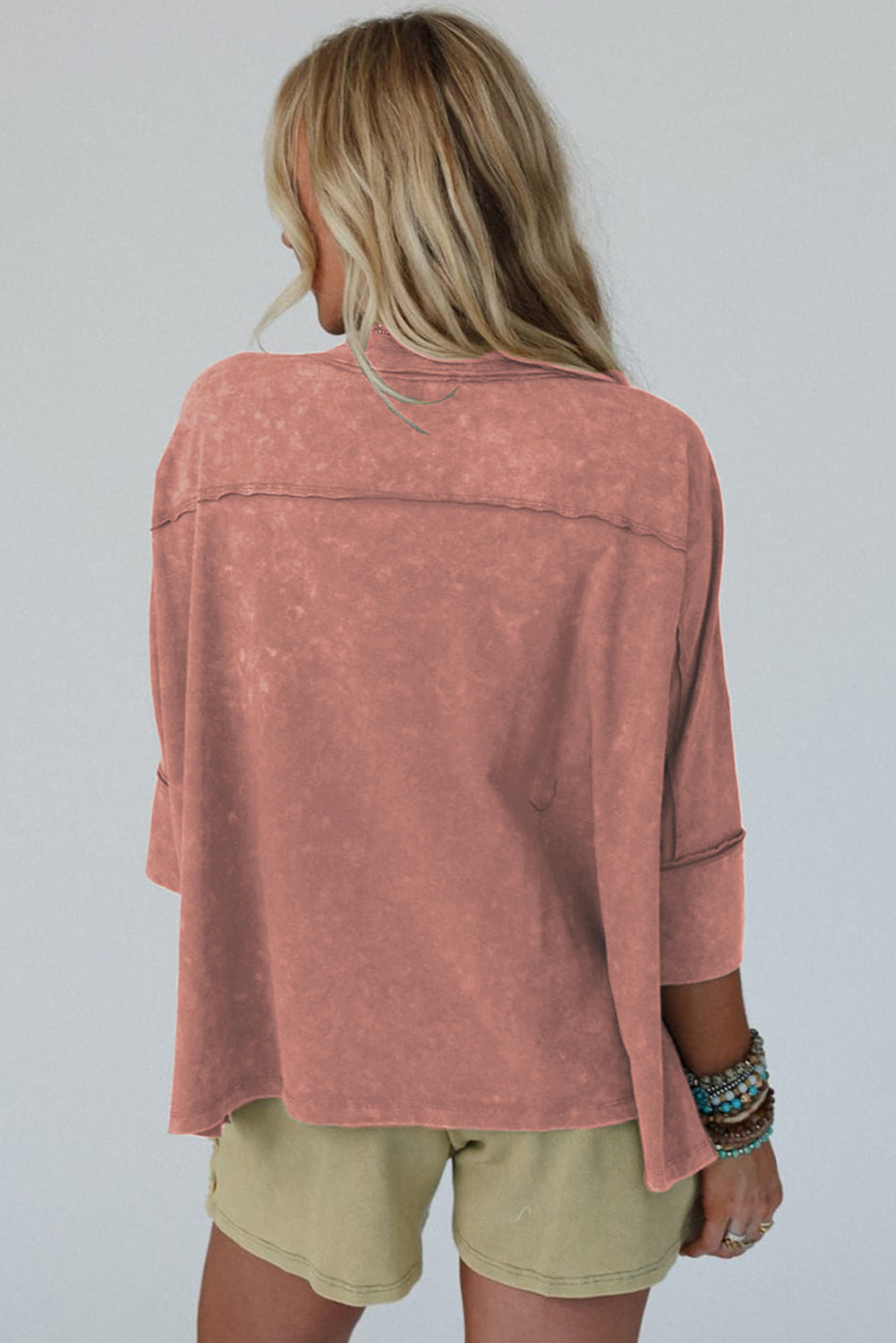 Rose Tan Floral Star Patched Exposed Seam Mineral Wash Top -2 colors-